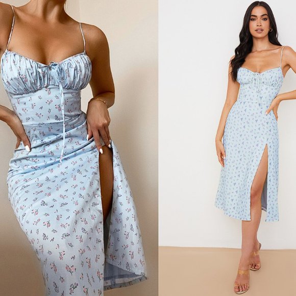 House of CB Dresses & Skirts - HOUSE OF CB 'Carina' Blue Floral Bustier Midi Dress NWOT